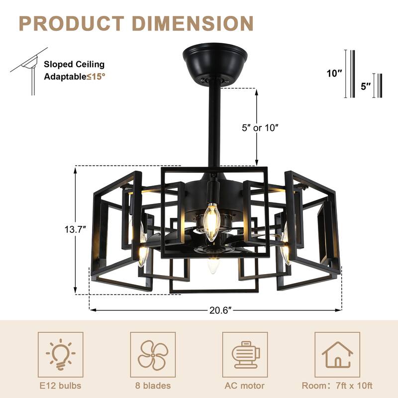 Bella Depot 20" Industrial Metal Cage Ceiling Fan with Light and Remote 6-speed Reversible Indoor Ceiling Fan