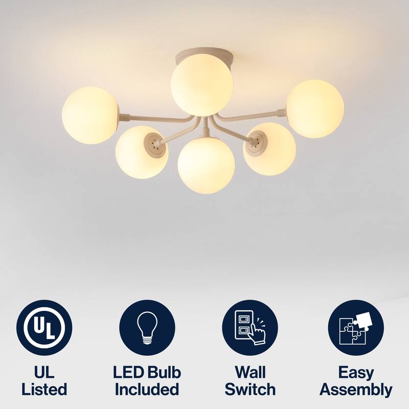 24" 6-Light Globe Modern Industrial Iron Bistro LED Semi Flush Mount, By JONATHAN Y