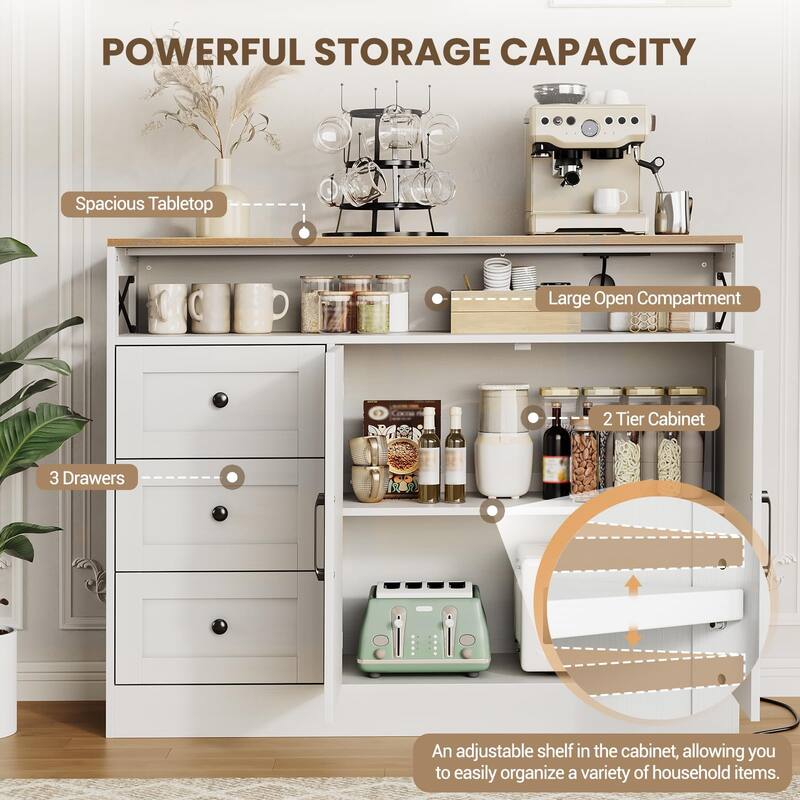 47inch Farmhouse Buffet Sideboard Cabinet, Wood Cupboard Storage Pantry Cabinet with Drawers, Coffee Bar Station Table