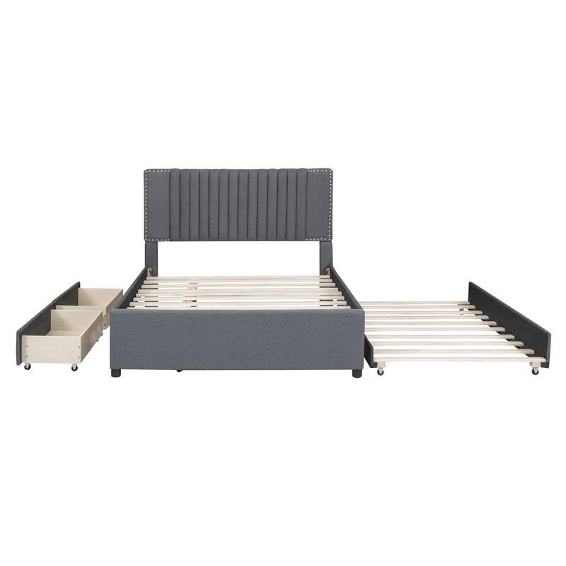 Linen Upholstered Platform Bed with 2 Drawers and Trundle,Queen/Full Size