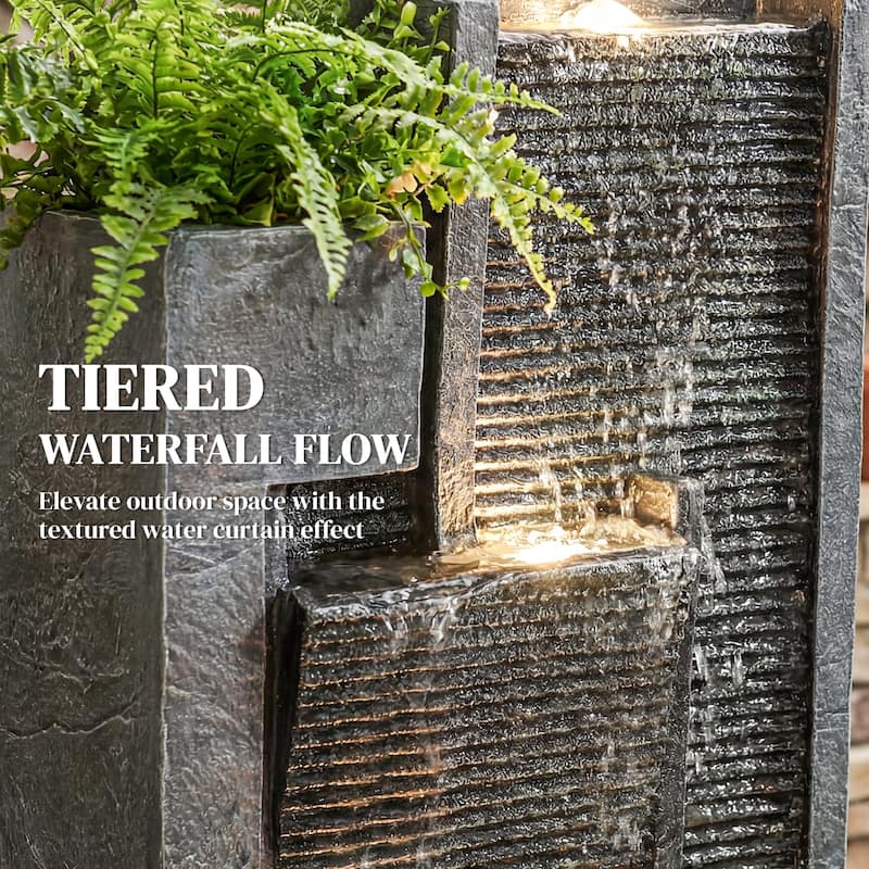 Outsunny 40" Tall Outdoor Waterfall Fountain with LED Lights and Planter, 3-Tier Cascading Waterfall Feature with Pump