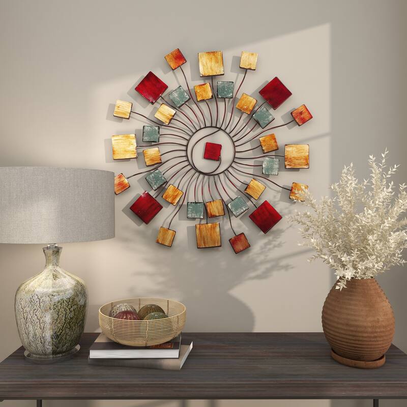 Multi Colored Metal Wire Sunburst Home Wall Decor with Square Shaped Accents