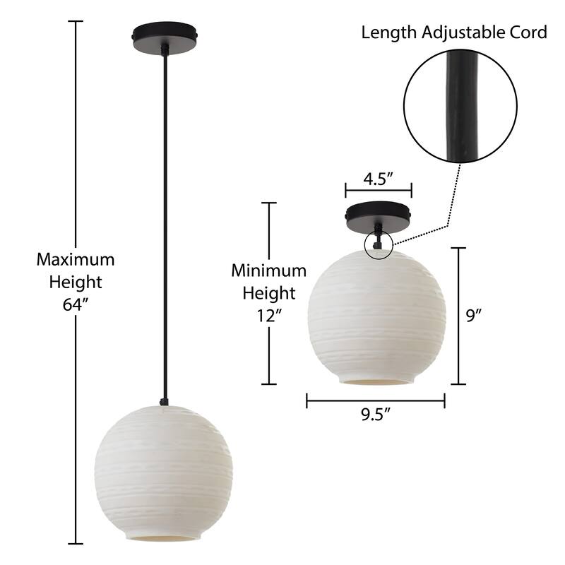 Hayley River of Goods Black Metal and White Blown Glass 9.5-Inch Pendant Light with Adjustable Hanging Cord - 9.5" x 9.5" x 64"