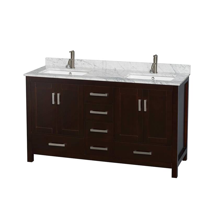 Wyndham Collection Sheffield 60" Freestanding Vanity Set with Hardwood - Espresso / White Carrara Marble Top / Brushed - Espresso Finish