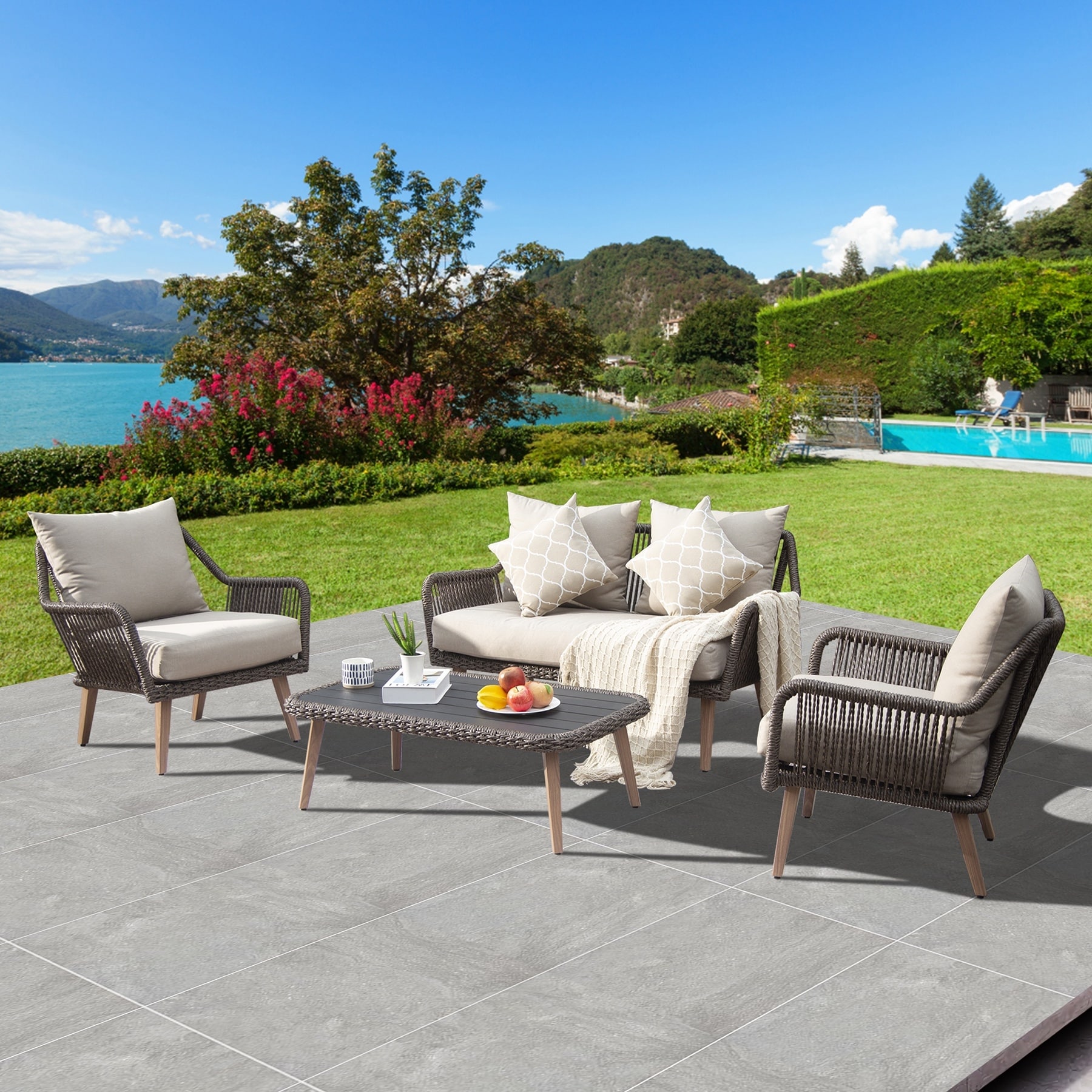 Domi 4-Piece Patio Furniture Set, Rope Wicker Loveseat with Aluminum Frame and Coffee Table