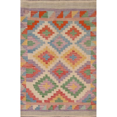 Reversible Kilim Rug Hand-Woven Multi-Color Foyer Wool Carpet - 3'3"x 5'0"