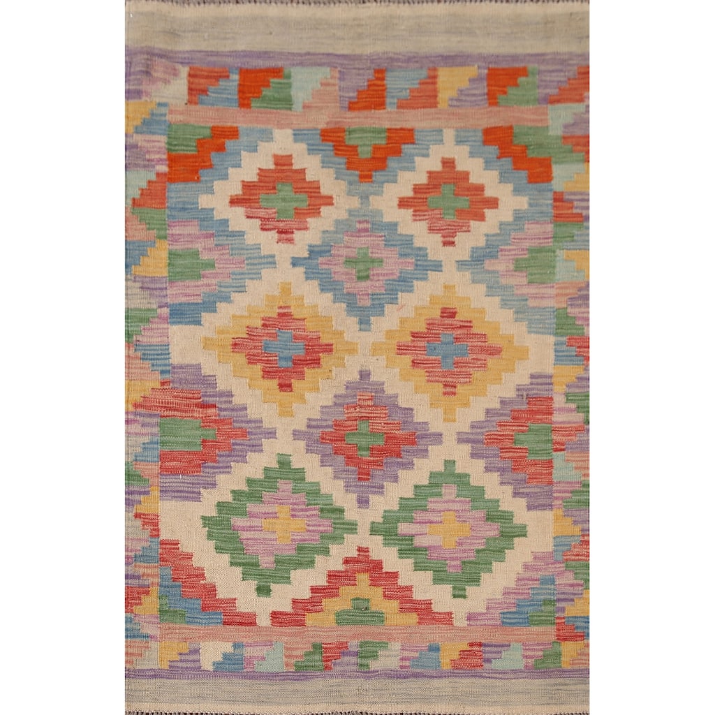 Reversible Kilim Rug Hand-Woven Multi-Color Foyer Wool Carpet - 3'3"x 5'0"