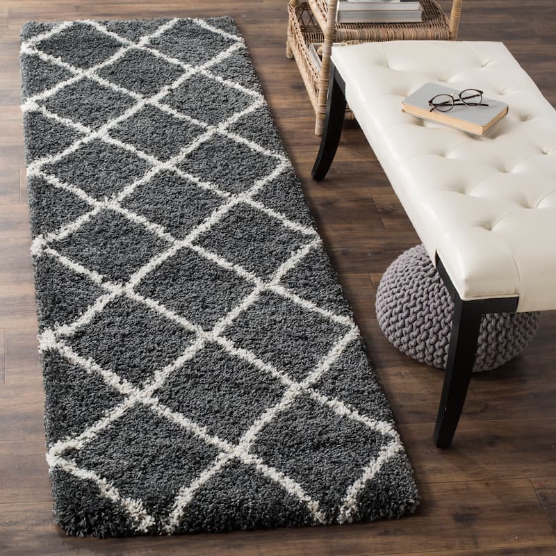 SAFAVIEH Hudson Shag Estella Diamond Trellis 2-inch Thick Rug - 2'3" x 8' Runner - Dark Grey/Ivory - Runner