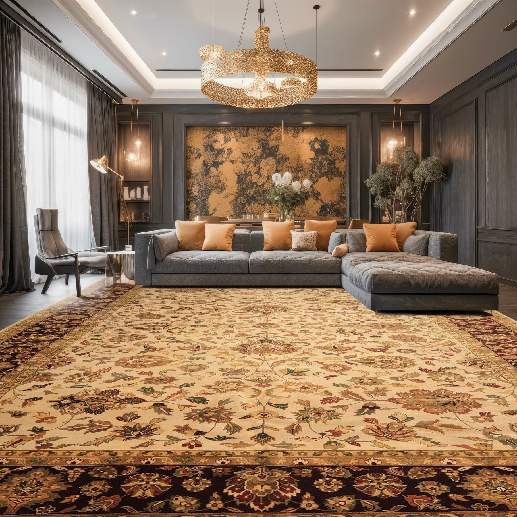 Agra Beige Maroon Wool Hand Knotted Botanical Rug - 11' 9'' x 17' 10''