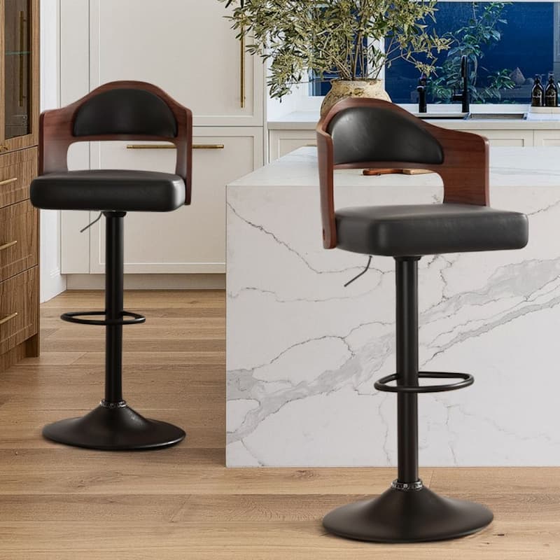 Set of 2 Faux Leather Bar Chairs with Metal Leg - Extra Tall - Set of 2 - Black