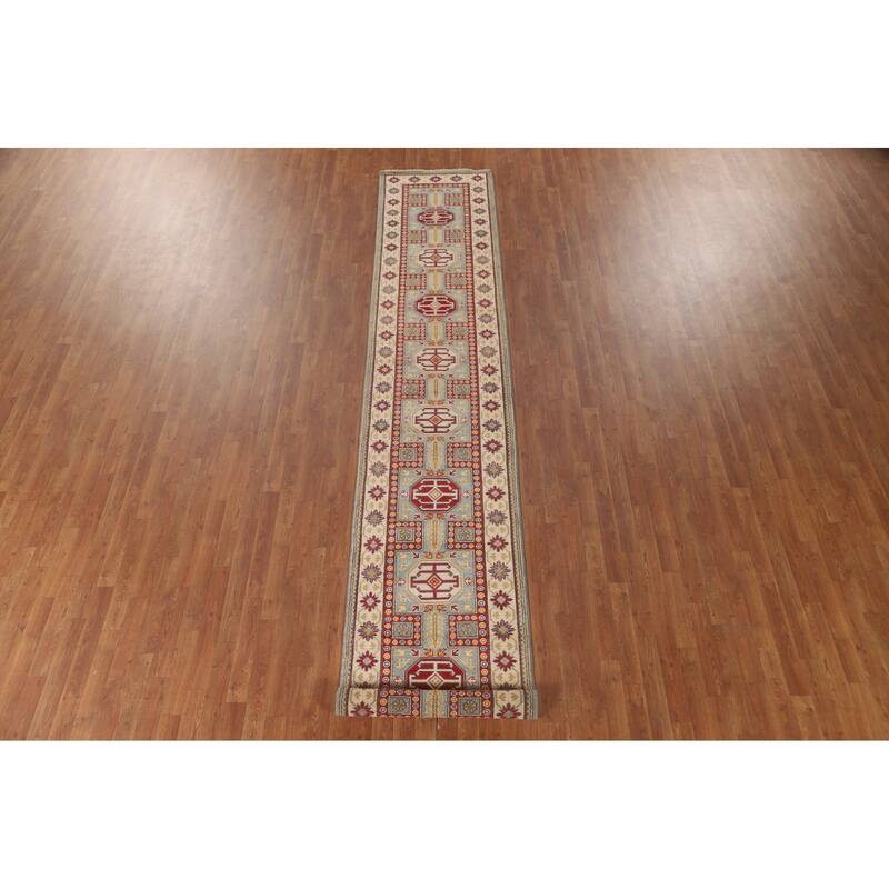 Geometric Kazak Runner Rug Handmade Traditional Blue Wool Carpet - 2'8" x 13'6"