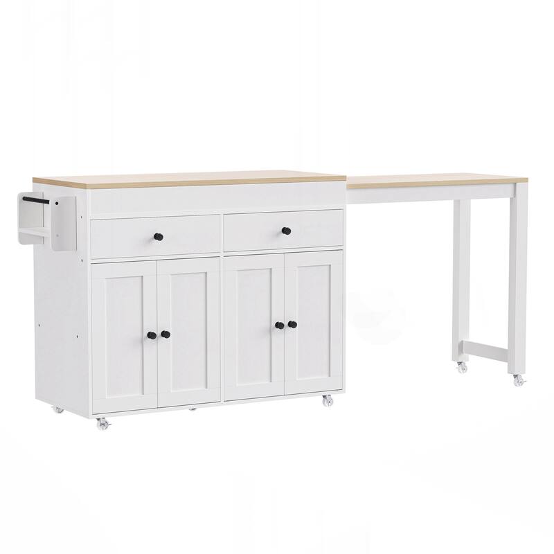 Kitchen Island with Extendable Dining Table , Rolling Kitchen Island on Wheels with Spice Rack and 2 Drawers