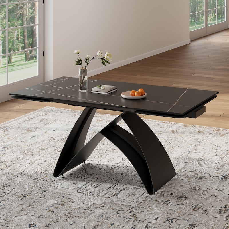 63-95"Extendable Modern Dining Table for 6-10, Black Sintered Stone Tabletop