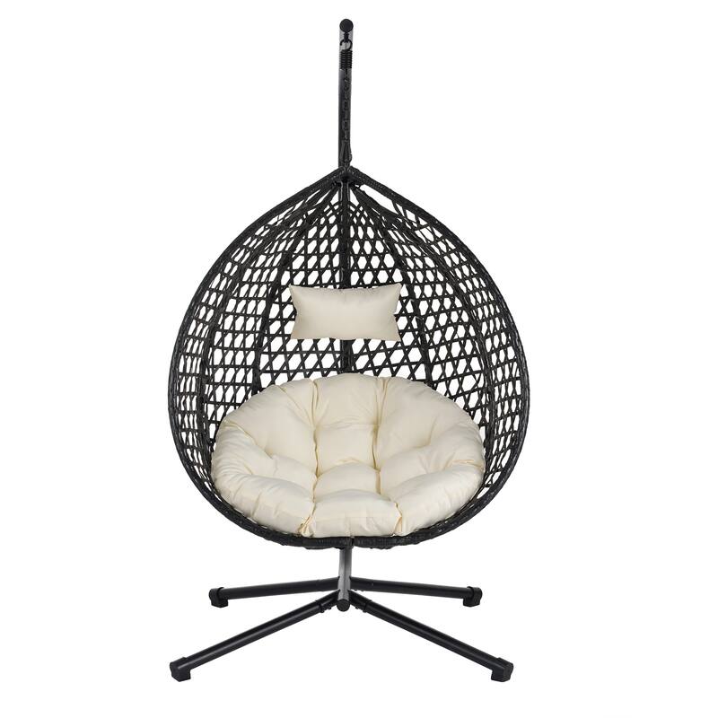 Hollowed-Out Hanging Chair with Adjustable Headrest, Weather-Resistant Rattan Swing Chair with Iron Base