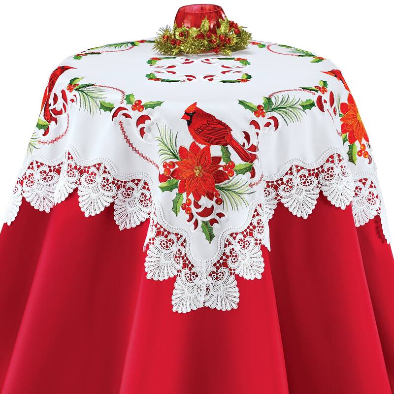 Embroidered Holiday Cardinals and Poinsettia Table Linens