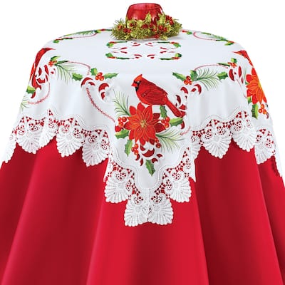 Embroidered Holiday Cardinals and Poinsettia Table Linens