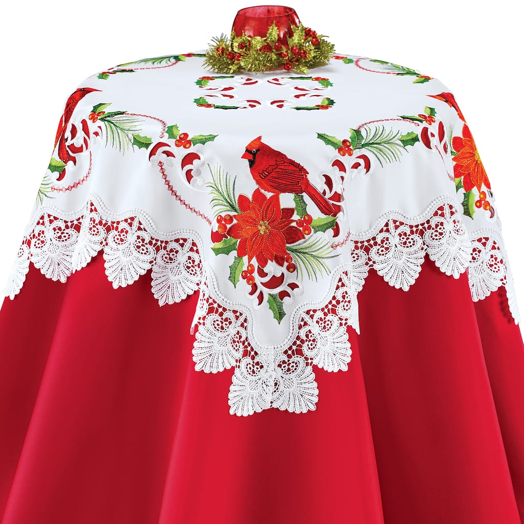 Embroidered Holiday Cardinals and Poinsettia Table Linens