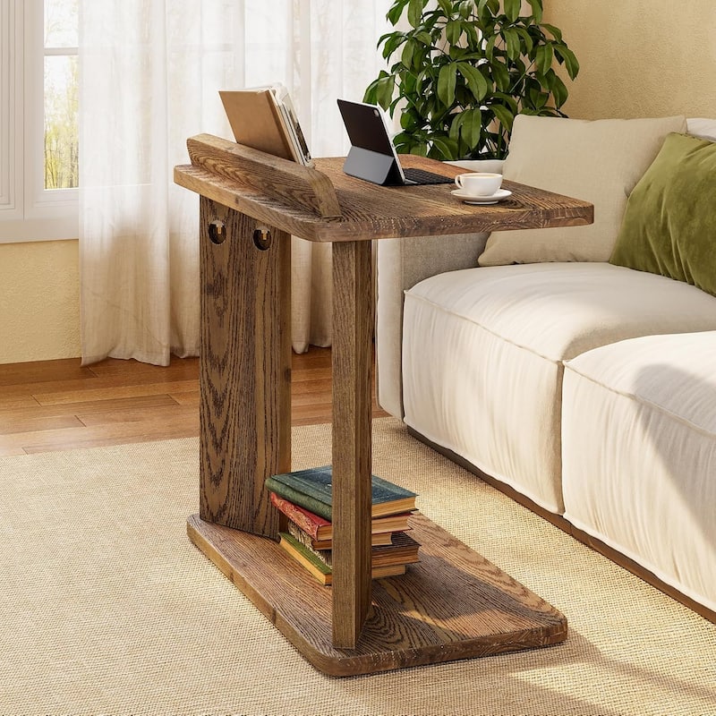 Farmhouse Solid Wood C-Shaped End Table with Book Groove & Holder for Living Room, Bedroom