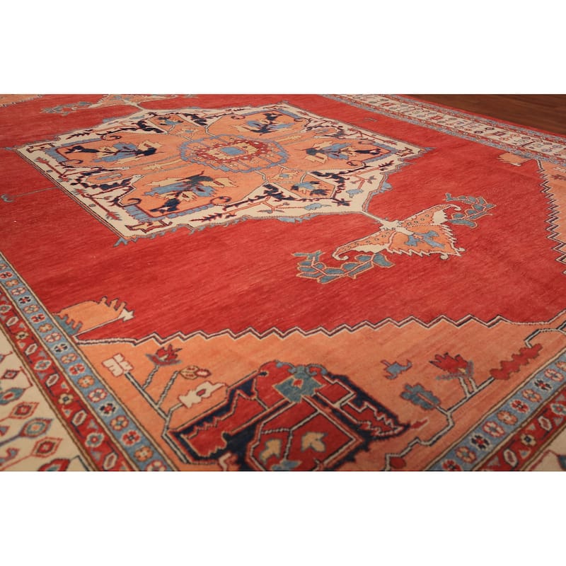 Geometric Heriz Serapi Vegetable Dye Area Rug Hand-Knotted Wool Carpet - 8'11" x 11'11"