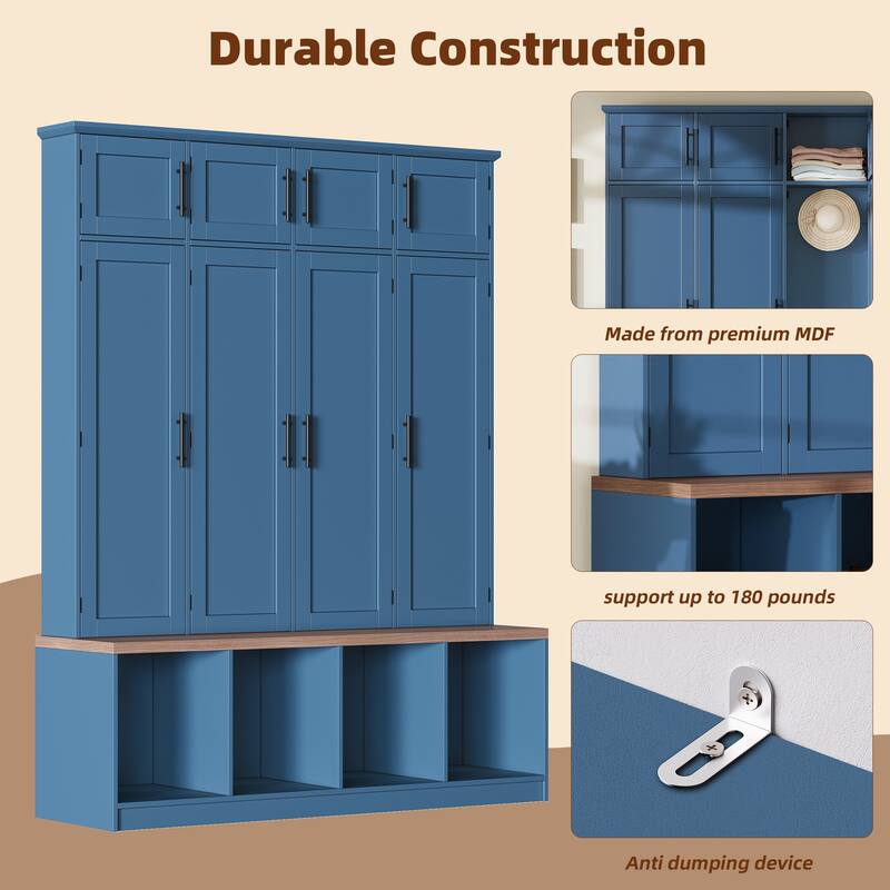 Roomfitters Farmhouse Hall Tree, 4 Hidden Hooks, Walnut Bench with 8 Doors, Entryway Shoe Cabinet