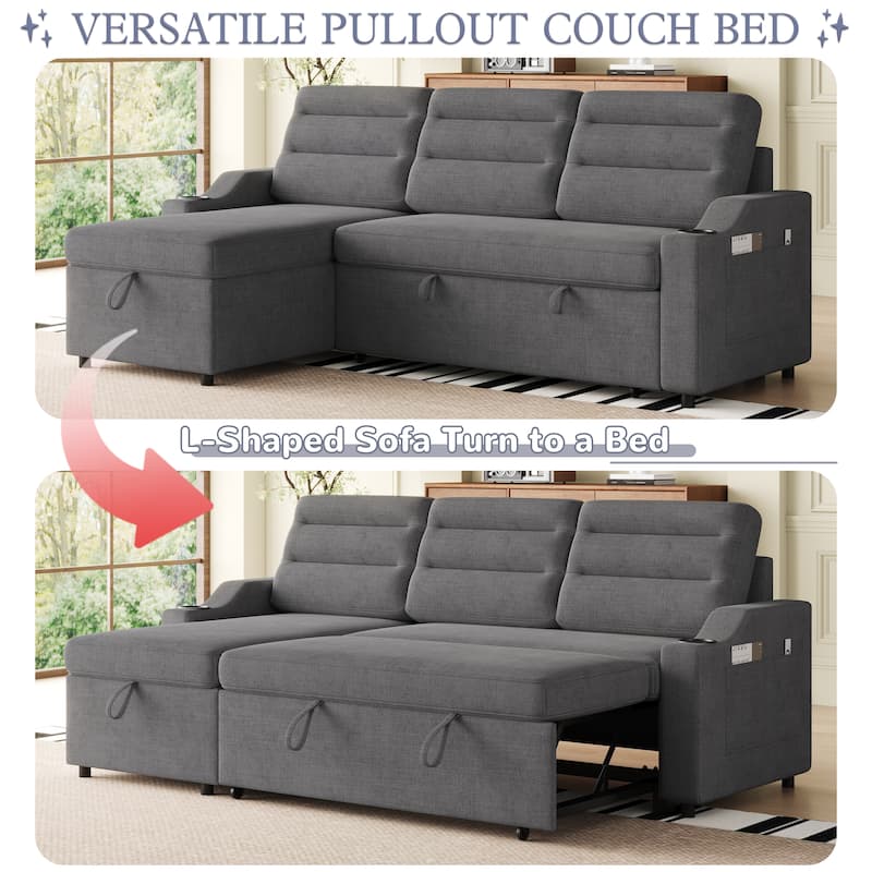 Multi-Position Sofa Bed with Pull-Out Sleeper, Chaise, and Storage for Living Room