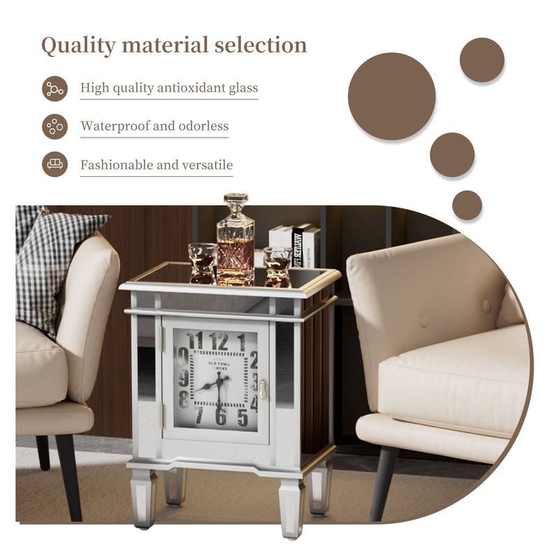 Mirrored Nightstand Clock End Table Silver Bedside Table Living Room - 19"x13"x25"