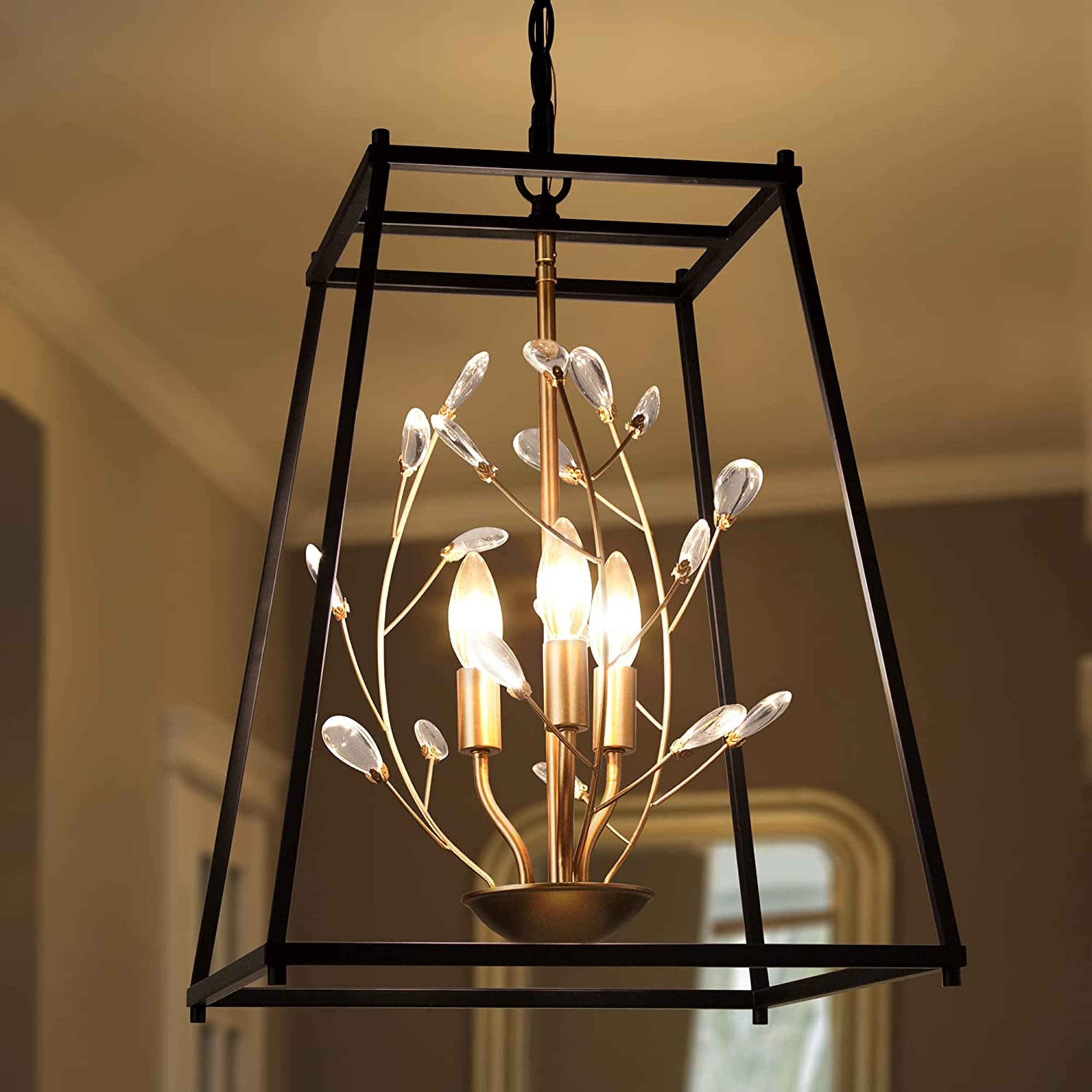 Mid-Century Modern 3-Light Lantern Crystal Chandelier for Dining Room