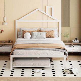 Metal Platform Bed,House-Shaped Headboard Design,twin size trundle