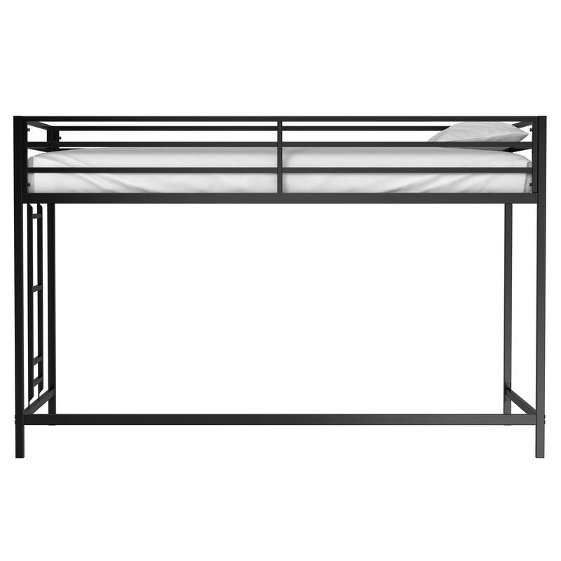 Space-Saving Junior Twin Loft Bed with Ladder & Guardrails for Kids - Black Metal Frame, No Box Spring Needed