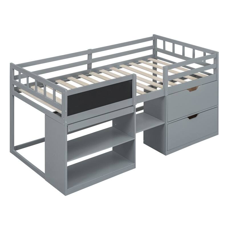Twin Size Low Loft Bed with Rolling Desk and Storage Drawers