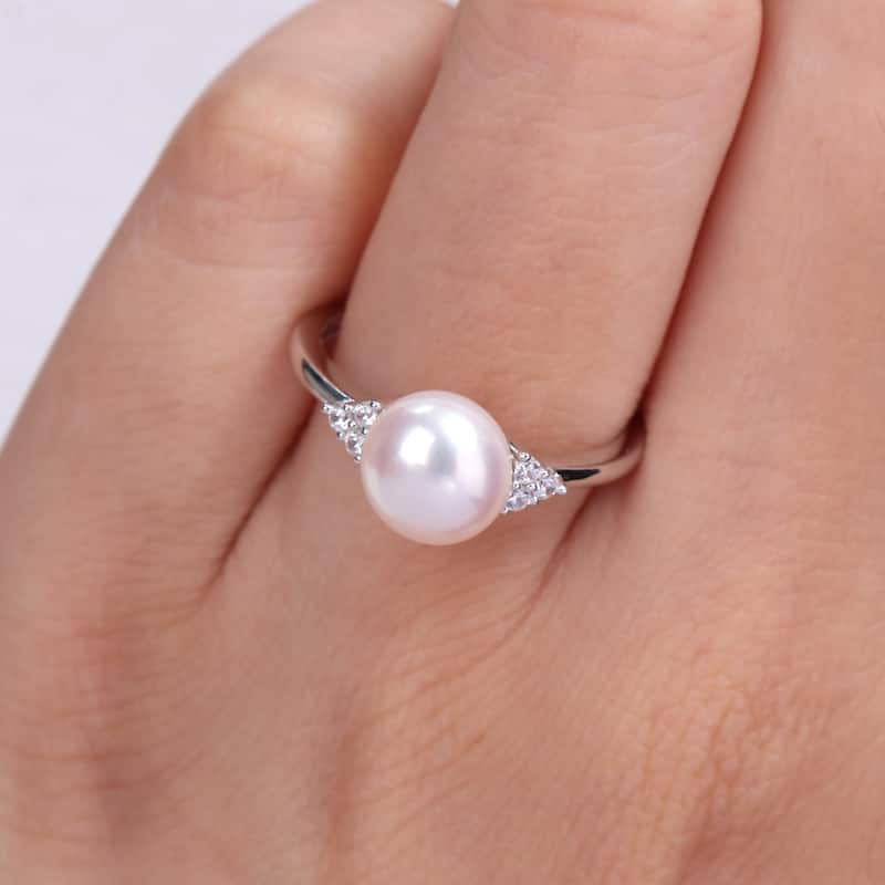 Miadora Sterling Silver Cultured Freshwater Pearl and Cubic Zirconia Ring (7.5-8mm)