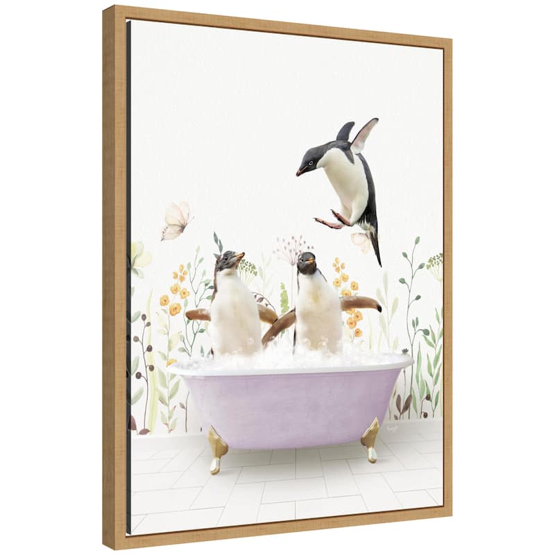 Kate and Laurel Sylvie Penguins in Spring Bathtub Framed Canvas by Amy Peterson - Natural