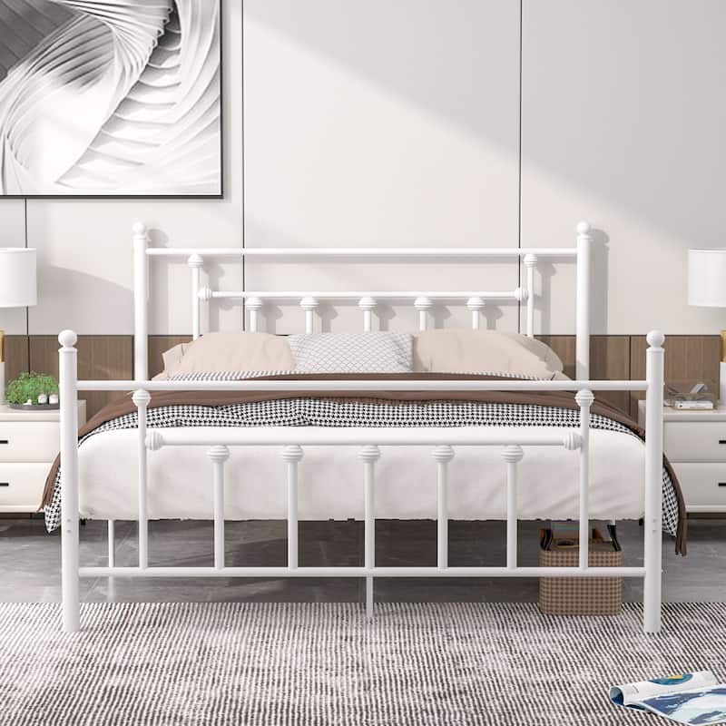 14 Inch Metal Victorian Platform Bed Frame with Headboard and Footboard, Heavy Duty Mattress Foundation with Steel Slats Support - White - Queen