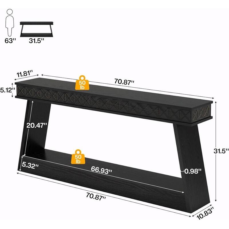 70.87" Rustic Farmhouse Sofa Table with Two Tiers and Open Shelves