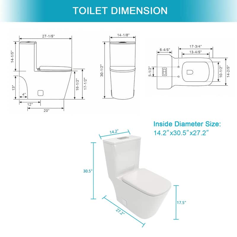 1-piece 1.6 GPF Dual Flush Elongated Toilet in White Seat Included - 27" x 14" x 30"