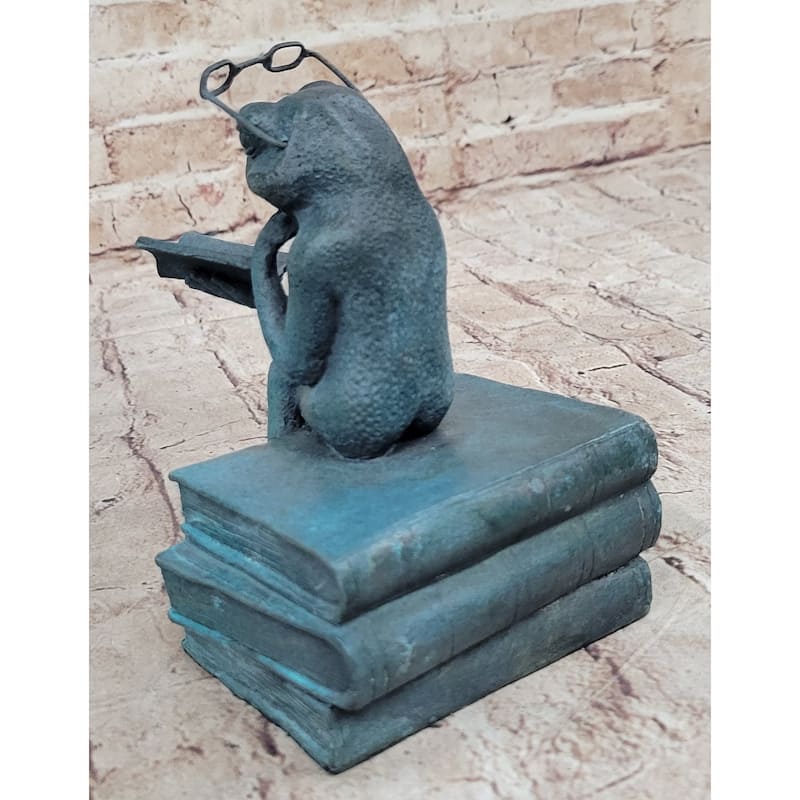 Frog Reading A Book Bronze Metal Sculpture Statue Decor Signed Art