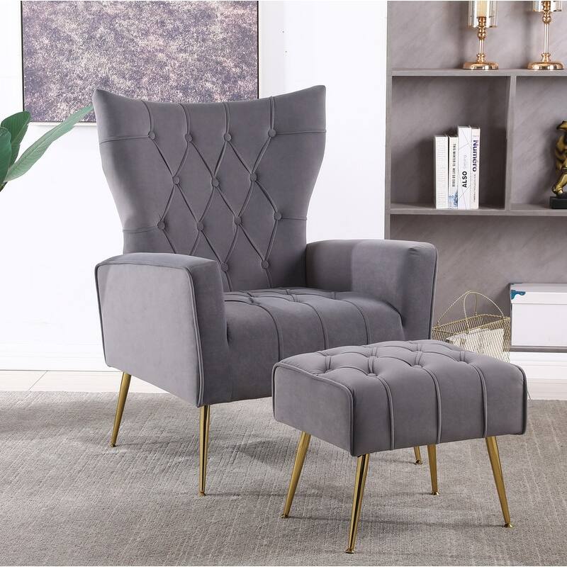 Accent Chair with Ottoman,Living Room Club Chair and Ottoman Set,Grey