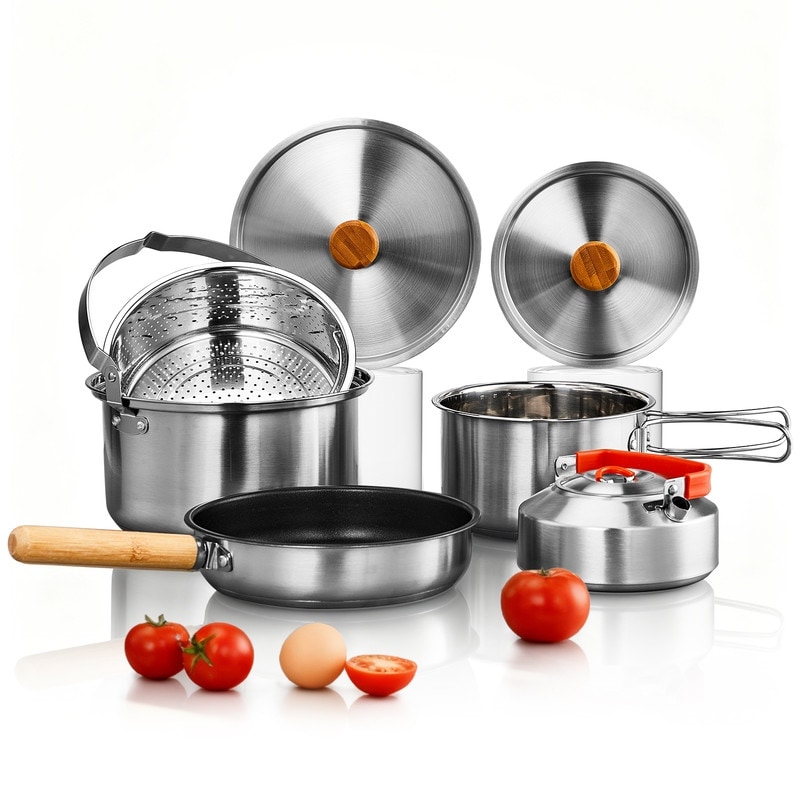 6-Piece Stainless Steel Camping Cookware Set With Kettle And Storage Bag - N/A