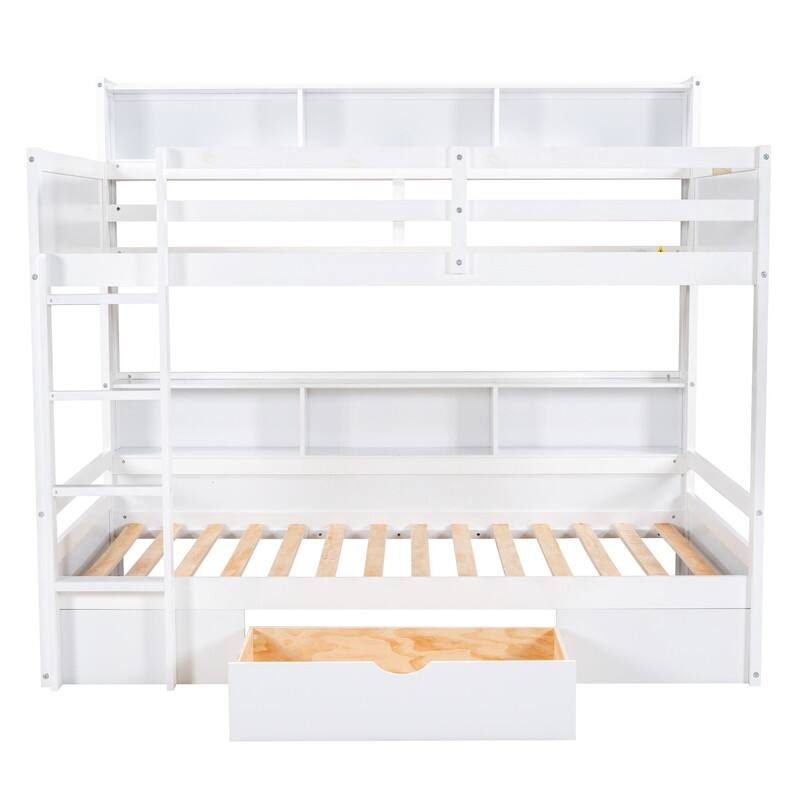 Wood Twin Over Twin Bunk Bed with One Drawers and Storage Shelves