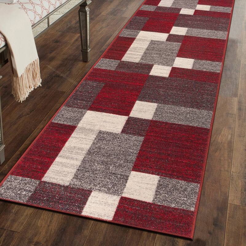 World Rug Gallery Modern Boxes Design Non-slip (Non-skid) Area Rug - 2' x 7' Runner - Red
