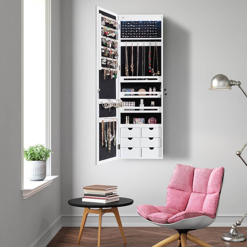 Wall Door Mounted LED Mirror Jewelry Cabinet Lockable Armoire