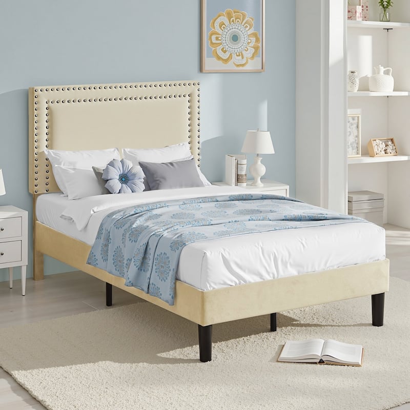 VECELO Upholstered Bed Frames with Height Adjustable Headboard