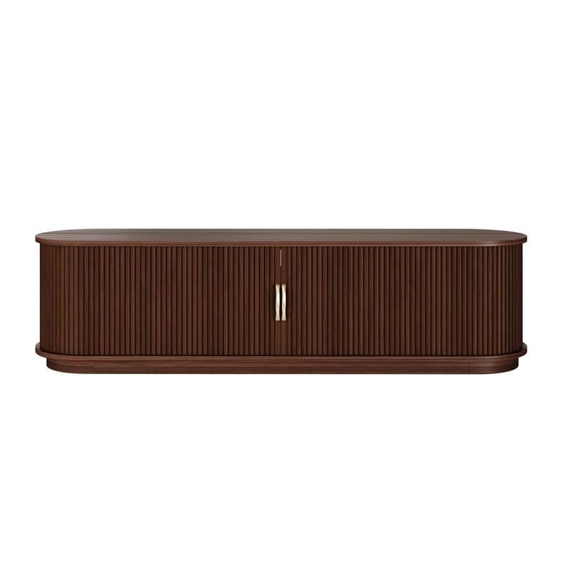 Vintage TV Stand with Sliding Wood Slatted Doors for TVs up to 75", with Drawer, Wood Grain Media Console with Cable Management