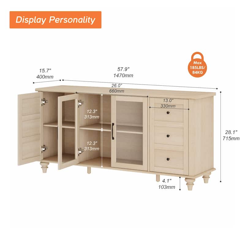 Farmhouse Sideboard with Glass Door, Buffet & cabinet for Kitchen