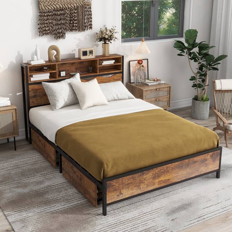 Storage Bed Frame Bookcase with Power Outlets, 2 Storage Drawers Included, Platform Bed Frame🛍️🛒