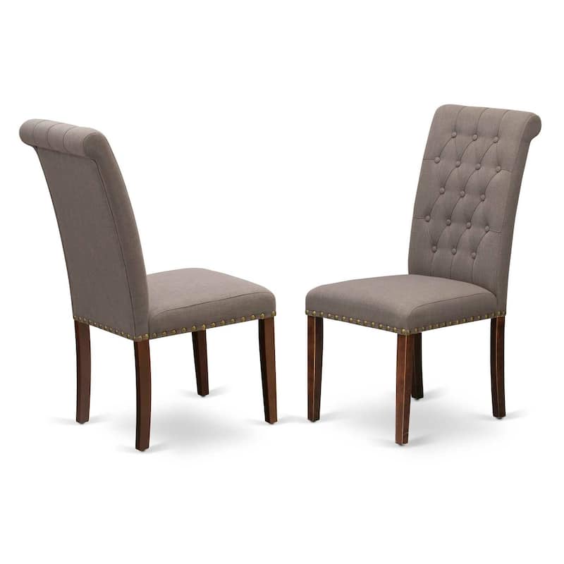 Parson Dining Chairs Set of 2 - Linen Fabric Button Tufted Padded Kitchen Chairs Mahogany Finish
