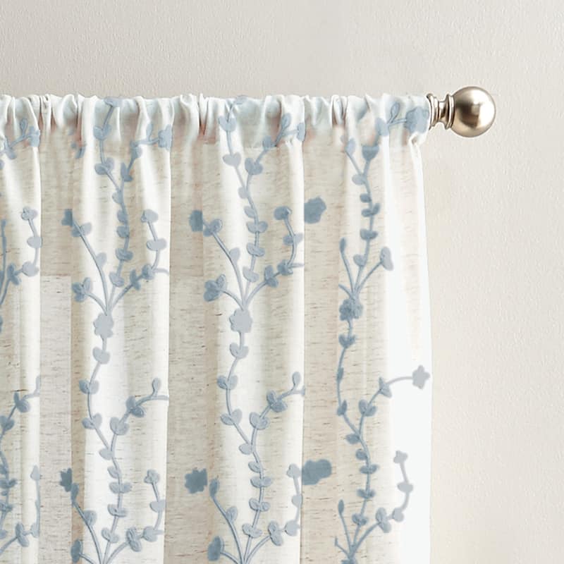 Lynette Floral Embroidered Rod Pocket Curtain Panel - Blue - 84 Inches