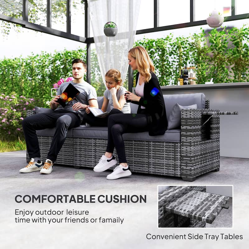 Three-Seater Outdoor Rattan Sofa with Cushions and Side Tray Tables for Patio and Garden - 78.7" W x 28.7" D x 28.3" H