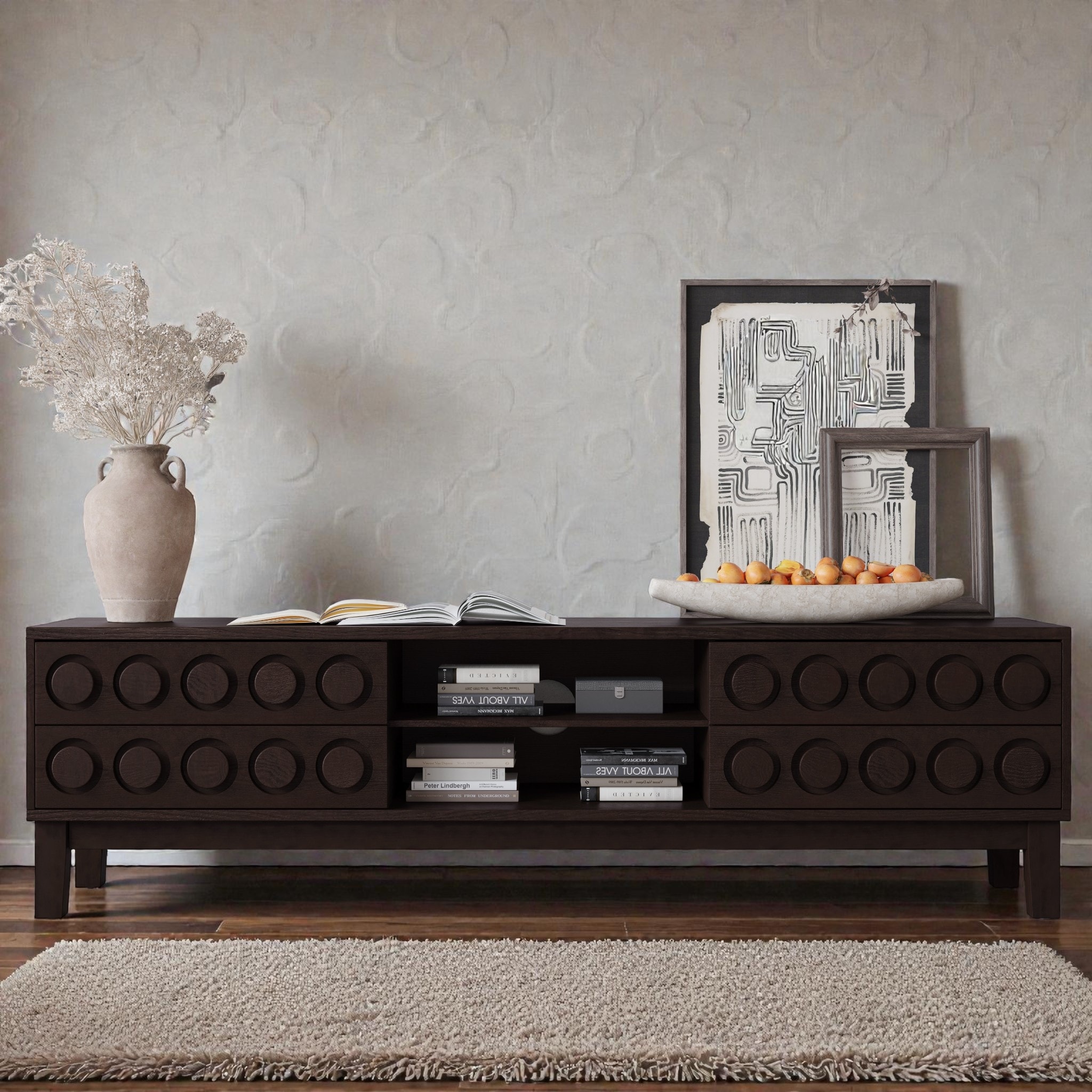 Mid-Century Modern TV Console Table with 4 Drawers for TVs up to 75 Inch, Media Entertainment Center with Storage