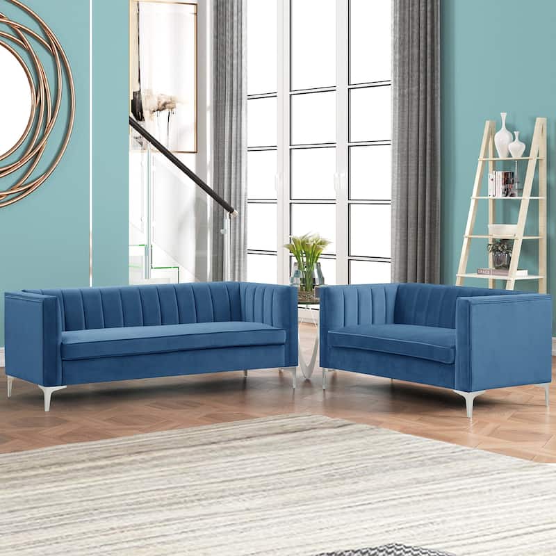 Morden Fort Modern 2 Pieces of Loveseat and Sofa Couch Set with Dutch Velvet Grey, Iron Legs - Blue